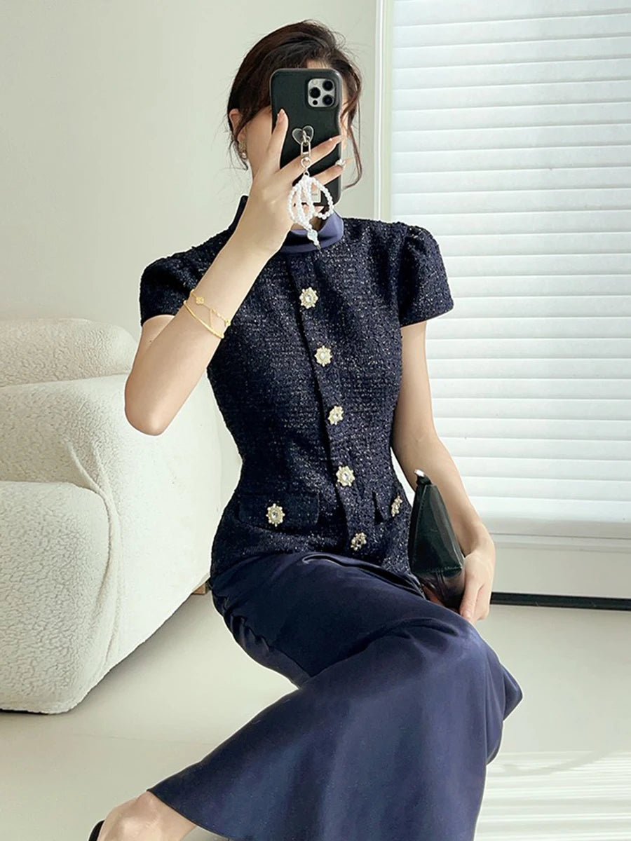 VGH Chic Two Piece Sets for Women Stand Collar Short Sleeves Spliced Pocket Tweed Top High Waist Maxi Skirts Vintage Suit Female