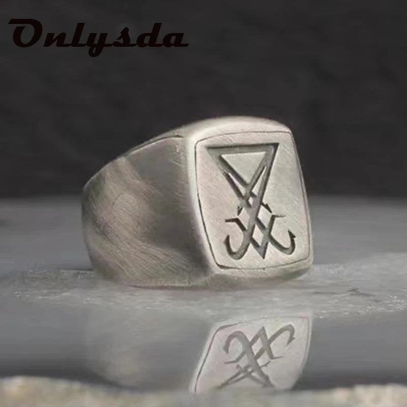Vintage Gothic Lucifer Seal of Satan Signet Rings Punk Stainless Steel Seal Rings With Black Stone Pagan Jewelry Party Man Gift