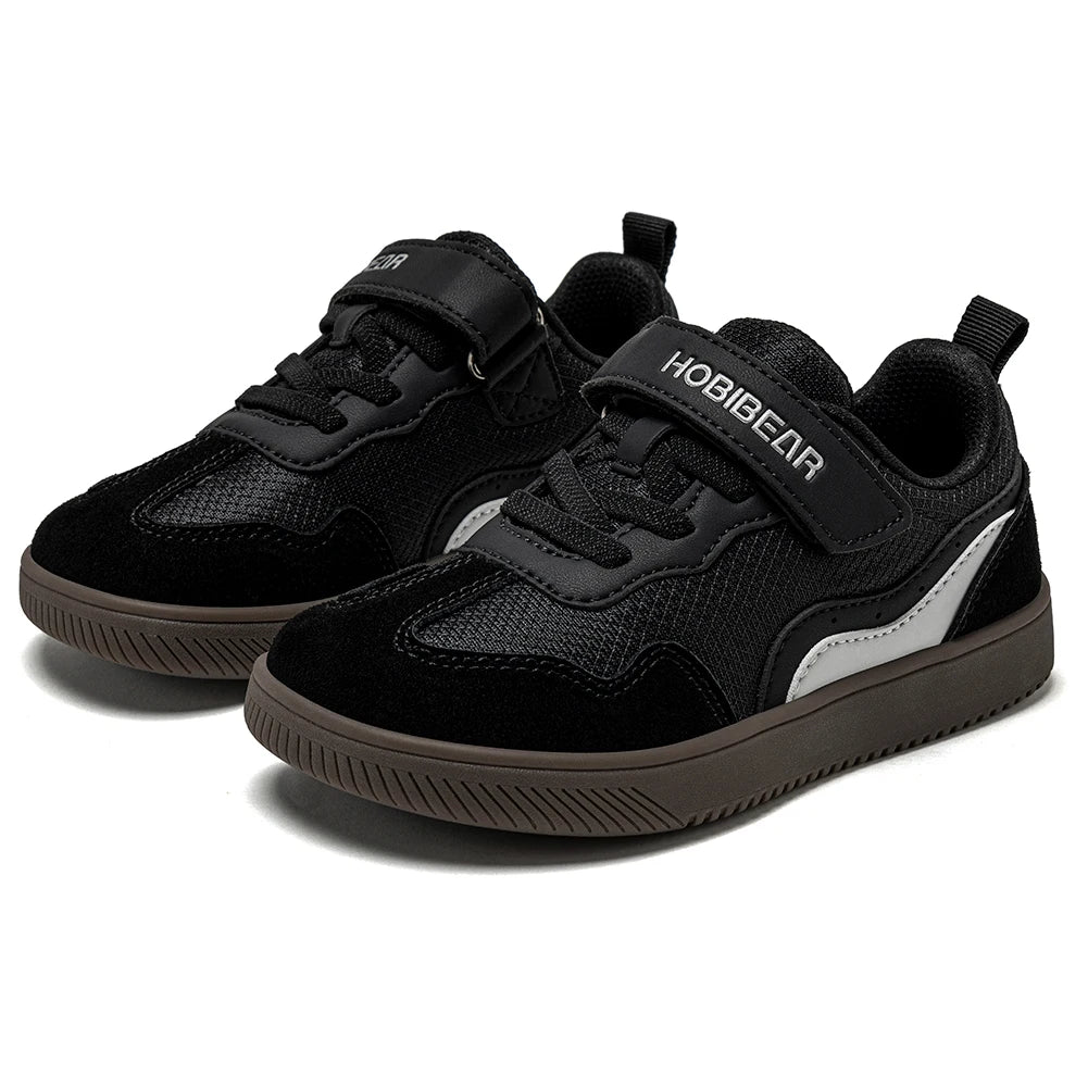 HOBIBEAR Kids Wide Toe Barefoot Shoes Hook Loop Minimalist Sneakers Artificial Leather Mesh Retro Walking Shoes for Big Kid