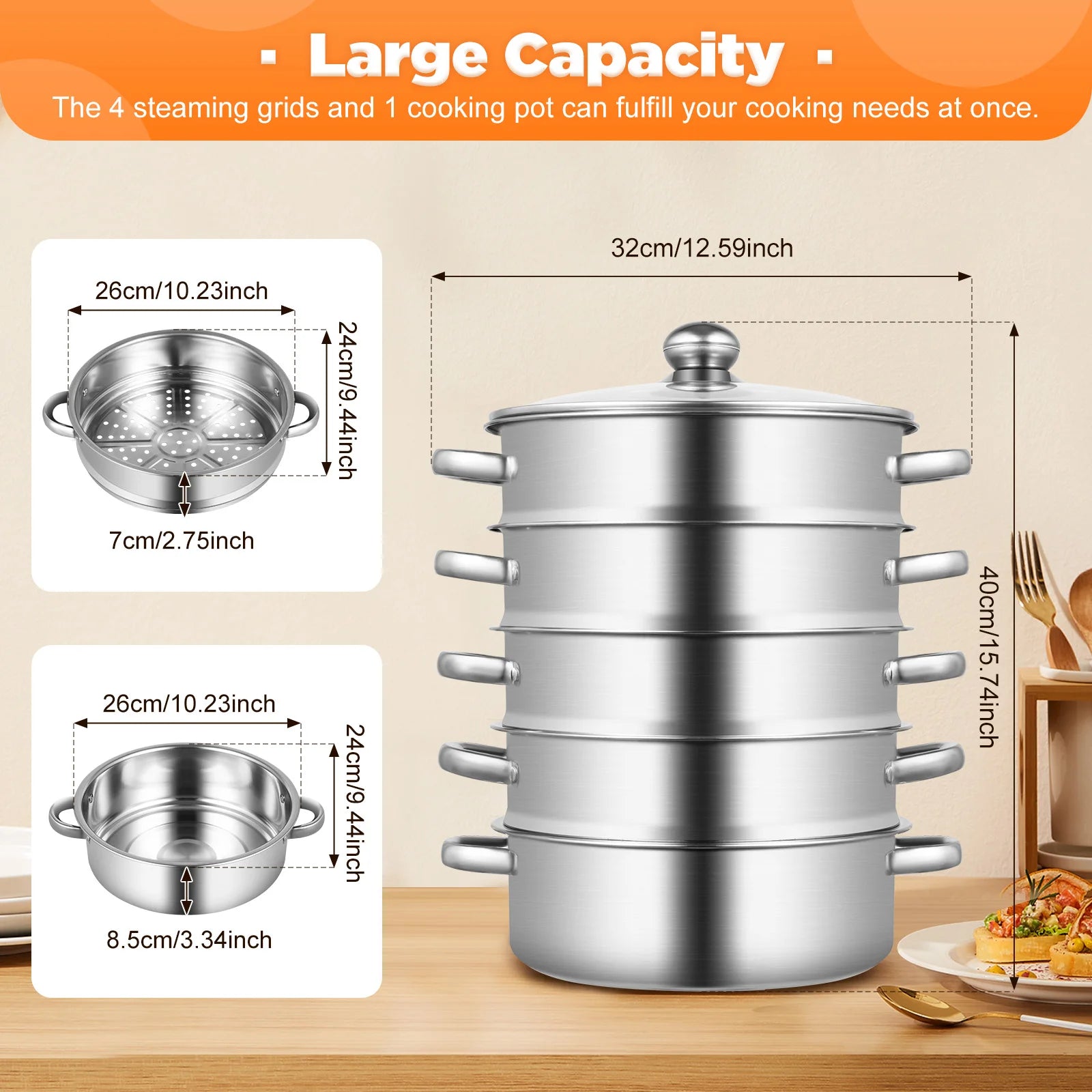 5-Layer Steamer 26cm/28cm/30cm Steam Cooker 304 Food-Grade Stainless Steel 4 Steaming Grids and 1 Cooking Pot W/ Glass Lid