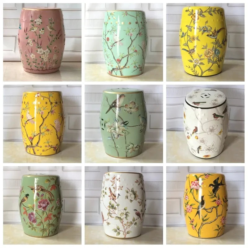 Shoe Changing Stool Flower Bird Ceramic Drum Stool Dressing Antique Drum Sitting Stool Living Room Furniture Luxury Dresser
