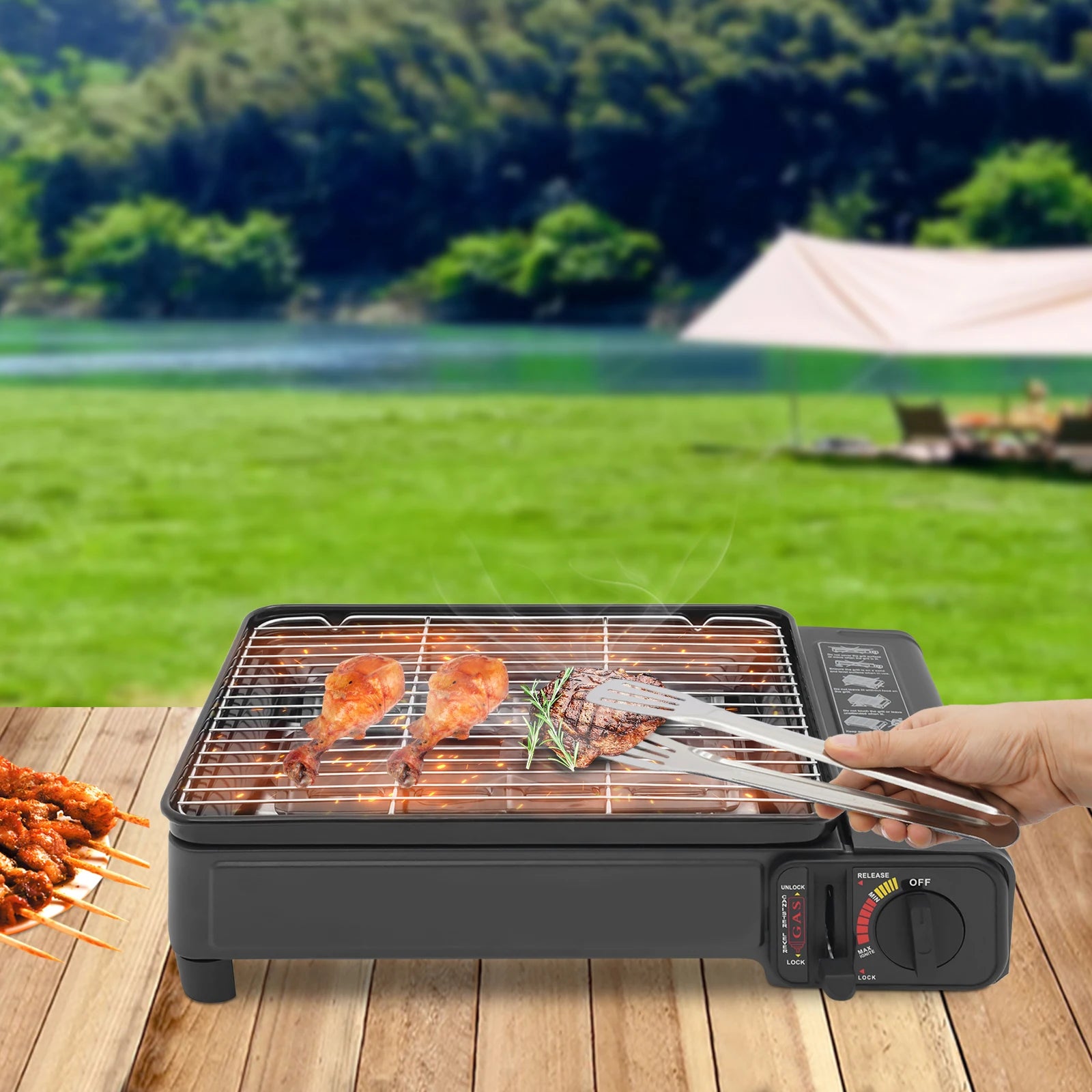 Gas Barbecue Grill, Butane LPG Stove 2.2KW Power, Camping Gas Stove Tabletop with Grilling Nets, Double-row Firepower Tubes