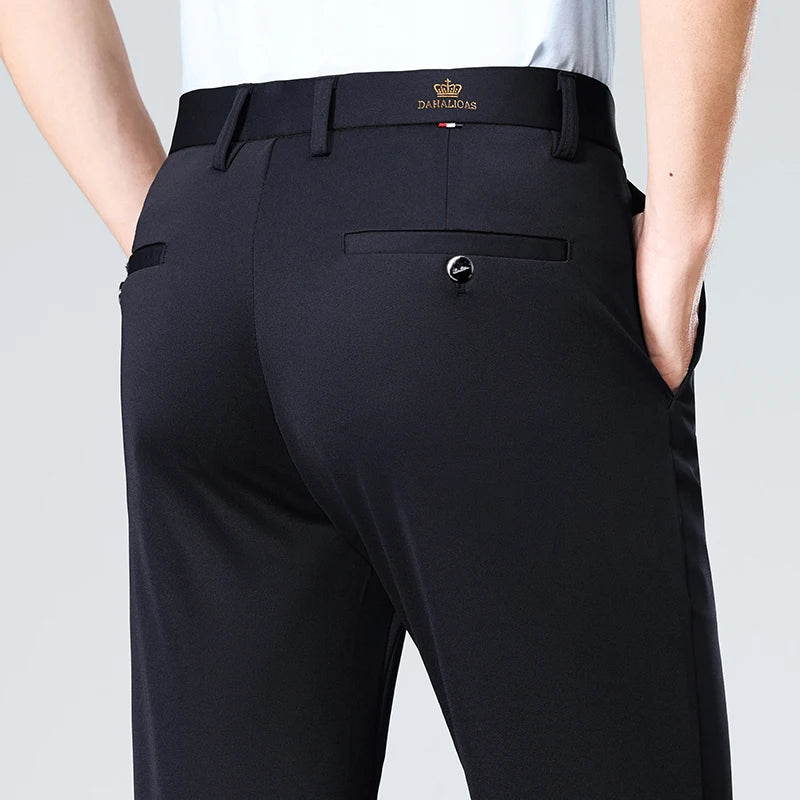 High-stretch fabric men's business trousers suitable for all seasons, featuring an elastic waistband and classic office/work for