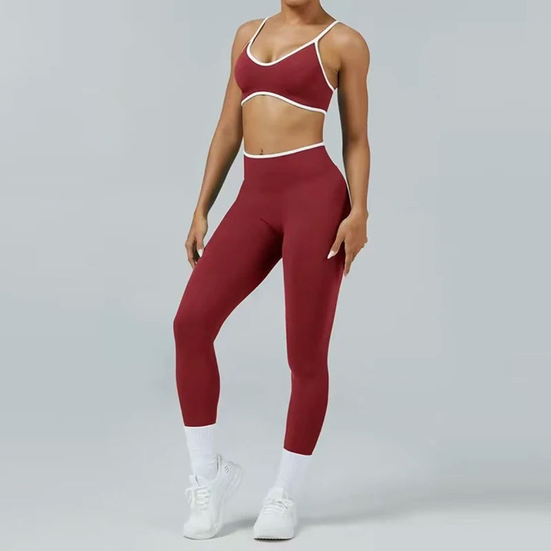 2PCS High Waisted Sports Bra Set with Contrasting Small Suspender Tight Fitting Hip Lifting Training Bra And Pants