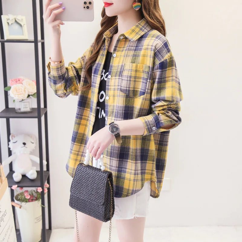 Casual Women's Plaid Shirt 2025 Spring Autumn New Ladies Loose Blouse and Tops Female Long Sleeve Shirts Fresh Checked Clothes