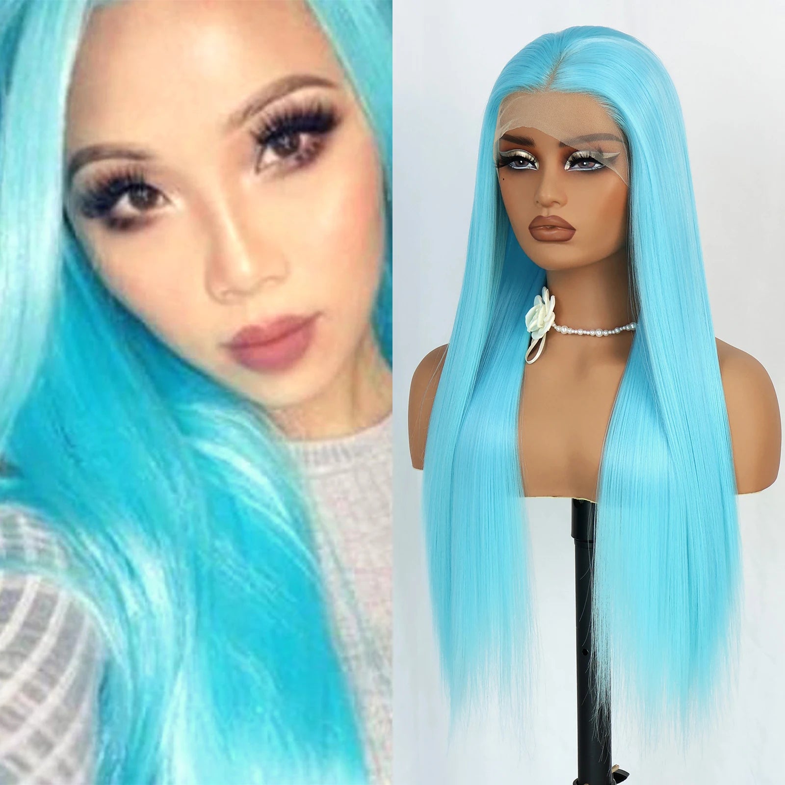 Aubree Synthetic Wigs Blue Hair 13*4 Lace Front Wigs For Daily Use Party Time Long Straight 28 inches 180% Density Glueless