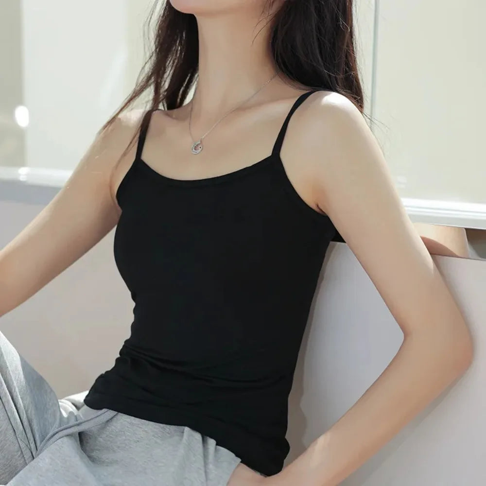 Tank Top Simple Spaghetti Straps Camisole Cotton Korean Style Chest Pad Camisole Solid Color Bottoming Shirt Sling Vest Women