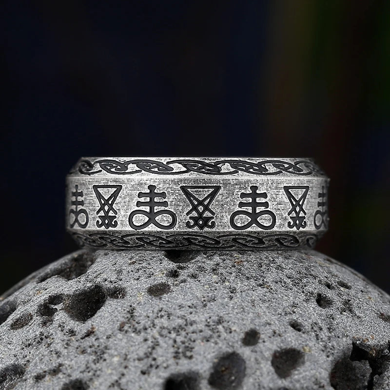 Vintage Gothic Lucifer Seal of Satan Signet Rings Punk Stainless Steel Seal Rings With Black Stone Pagan Jewelry Party Man Gift
