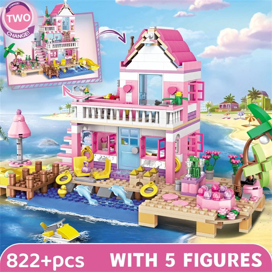 822Pcs Beach Villa Building Blocks Transformable House Model Creative Building Educational STEM Toys Birthday Gift For Girls