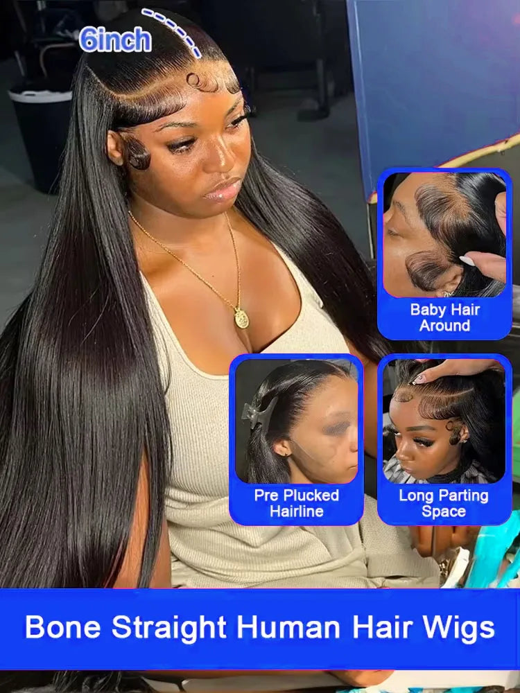 13x4 Bone Straight 250% Density Human Hair Wig 13x6 HD Lace Frontal Wig 40 Inch Natural Black Glueless Lace Front Wig for Women