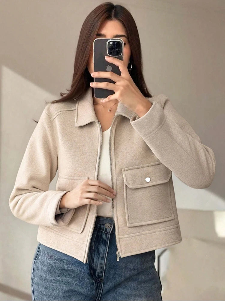 SLTNX Women's Zipper Jacket Coat New Winter Long Sleeve Pocket Outerwear Coat Short Street Elegant Women's Jacket