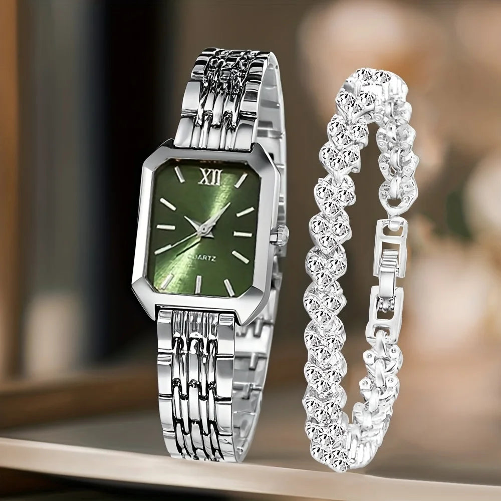 2PCS Fashion Rectangle Women Quartz Watch Rhinestone Bracelet Set Roma Dial Ladies Wristwatches Girls Clock Reloj Mujer