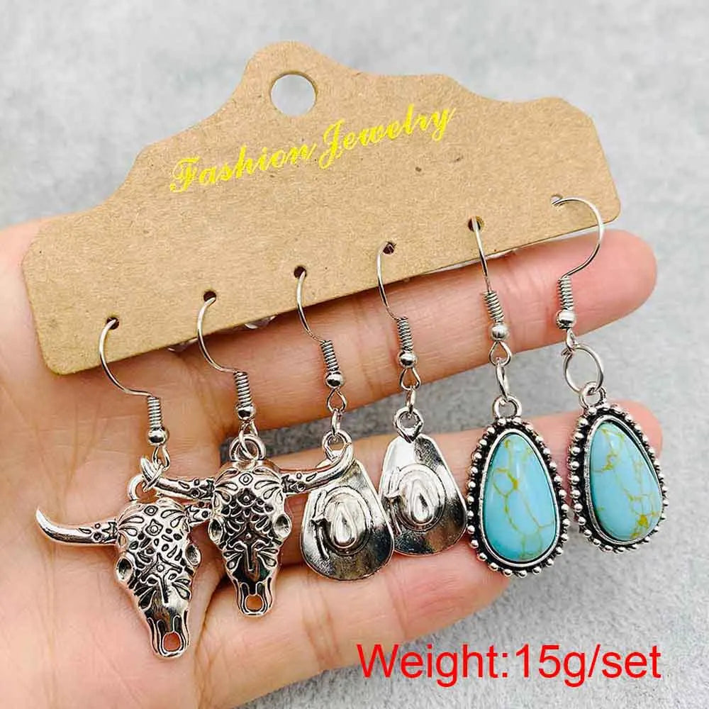 Western Retro  Turquoise Bull Head Earrings Cactus Boots Cowboy Hat Alloy Ethnic Style Earrings Set Jewelry for Women