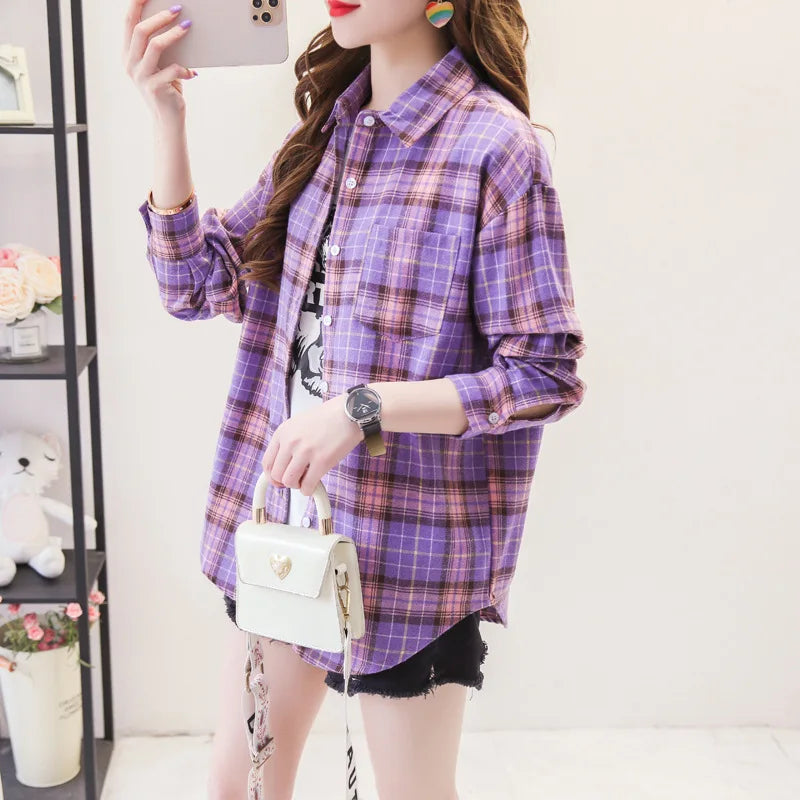 Casual Women's Plaid Shirt 2025 Spring Autumn New Ladies Loose Blouse and Tops Female Long Sleeve Shirts Fresh Checked Clothes