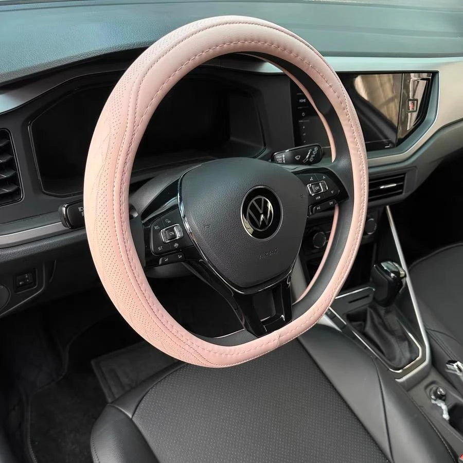 Napa Leather Perforated Patchwork Car Steering Wheel Cover, Non-slip, Breathable, Fits 14.5–15 Inch Steering Wheel Cover