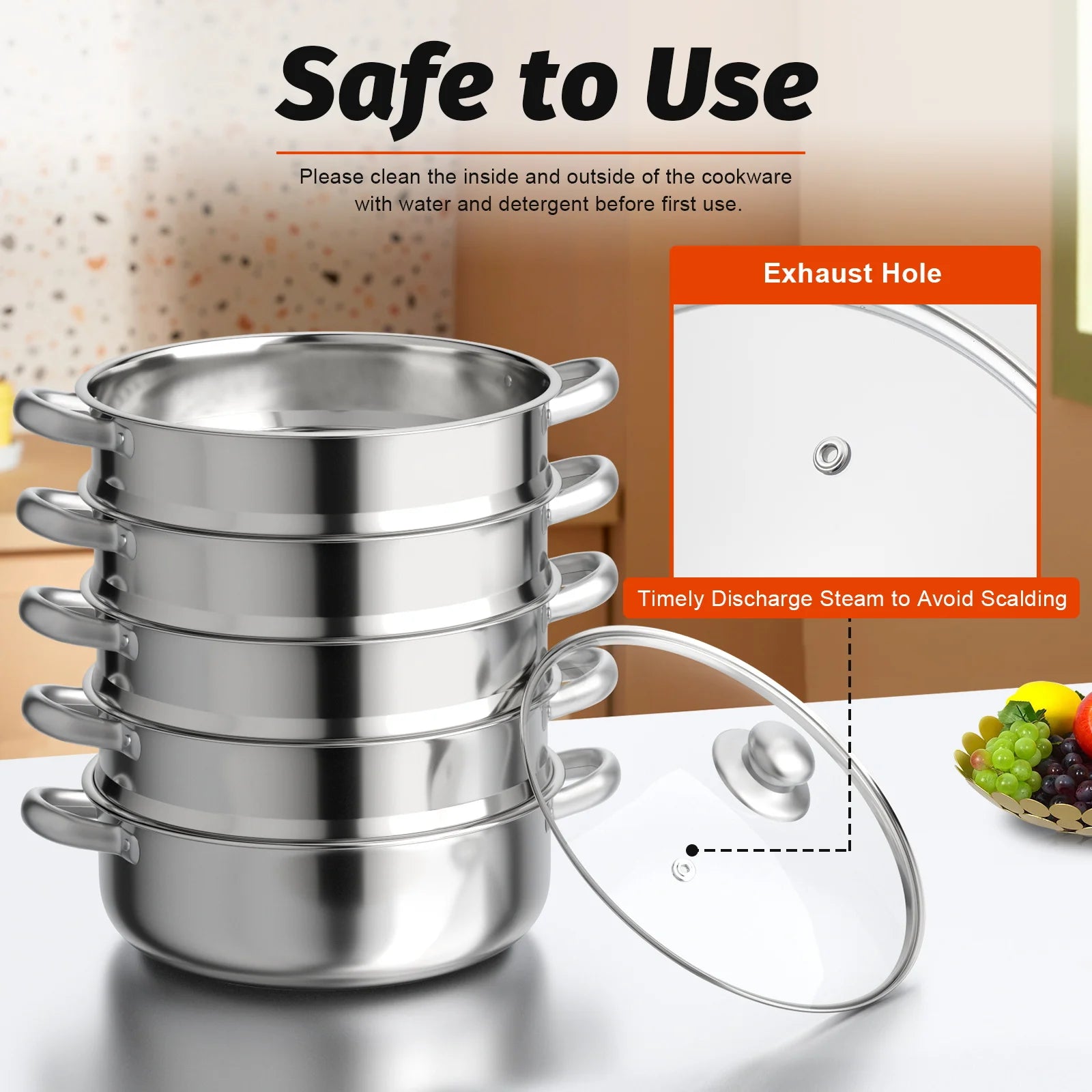 5-Layer Steamer 26cm/28cm/30cm Steam Cooker 304 Food-Grade Stainless Steel 4 Steaming Grids and 1 Cooking Pot W/ Glass Lid