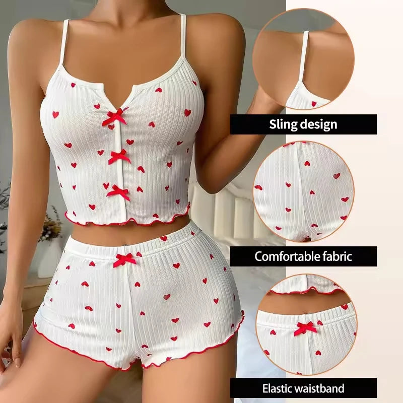 Sexy Sleepwear Women Pajamas Set Heart Print Silk Stain V-Neck Sleeveless Casual Cami Top and Shorts Sets Home Suit Loungewear