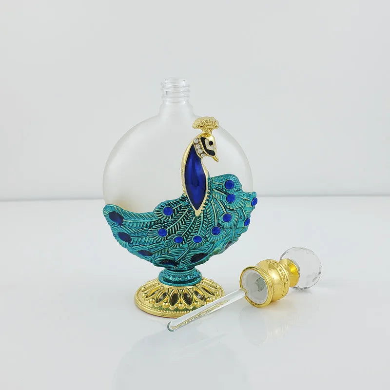 Artistic 30ml Empty Perfume Bottle, Dubai-Inspired Metal and Glass Container Adorned with a Peacock Motif, Great for Refilling E