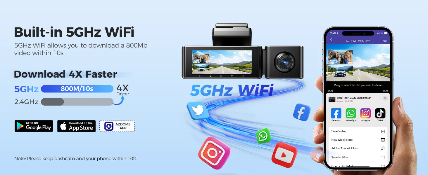 Upgrade AZDOME M550 Pro Dash Cam 4K Front Dashcam Auto 5.8Ghz Wi-Fi GPS G-sensor Car DVR 6 IR Night Vision Parking Monitor