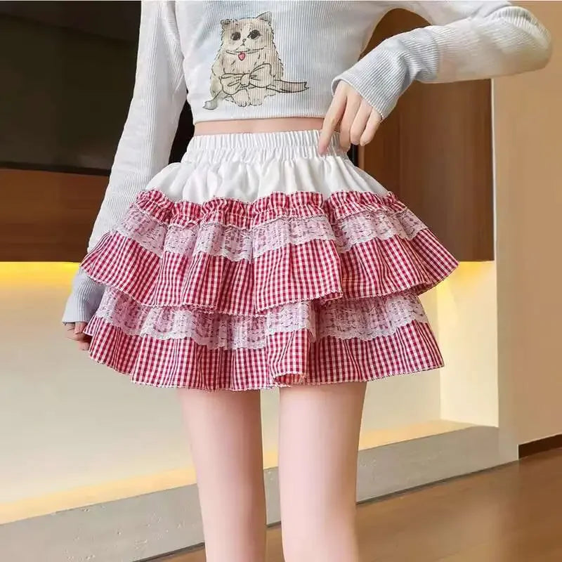 2025 Spring Summer Sweet Cute Lace Patchwork Plaid Cake Short Skirt With Shorts Womem Korean Japan Preppy Style Skirts