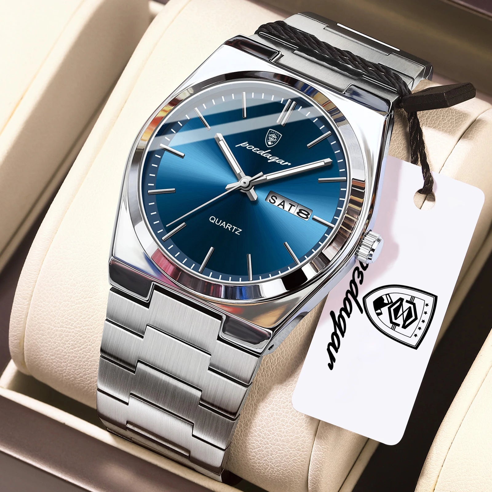POEDAGAR Luxury Men's Watches Luminous Waterproof Stainless Steel Casual Men Clock Date Week Quartz Fashion Man Wristwatch Reloj