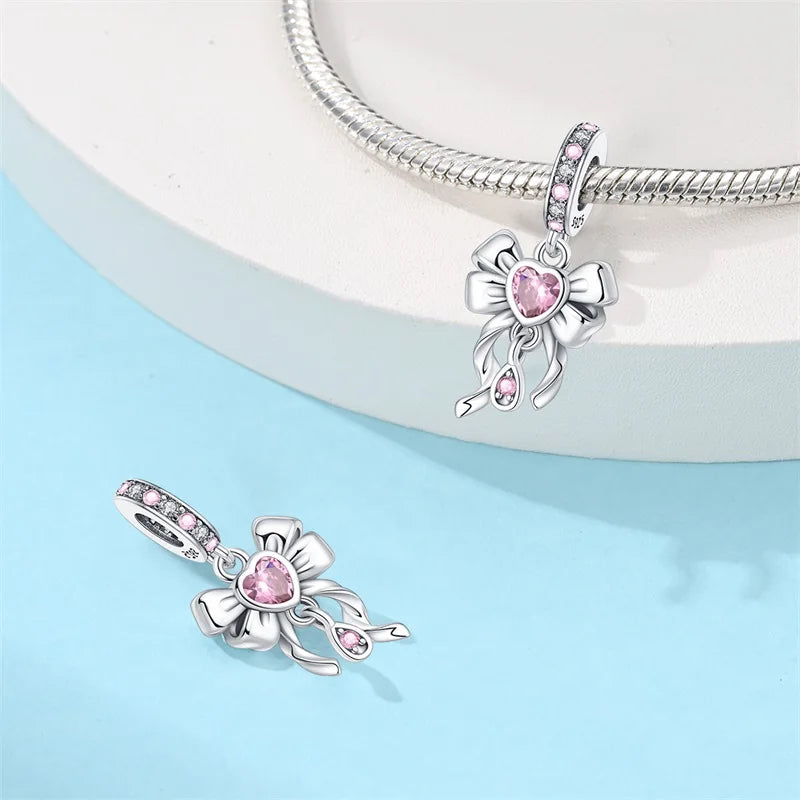 Silver Bow Charms 925 Sterling Silver Pink Heart-shaped Bow Pendants Charms Beads Fit Original S925 Bangle Bracelets DIY Jewelry
