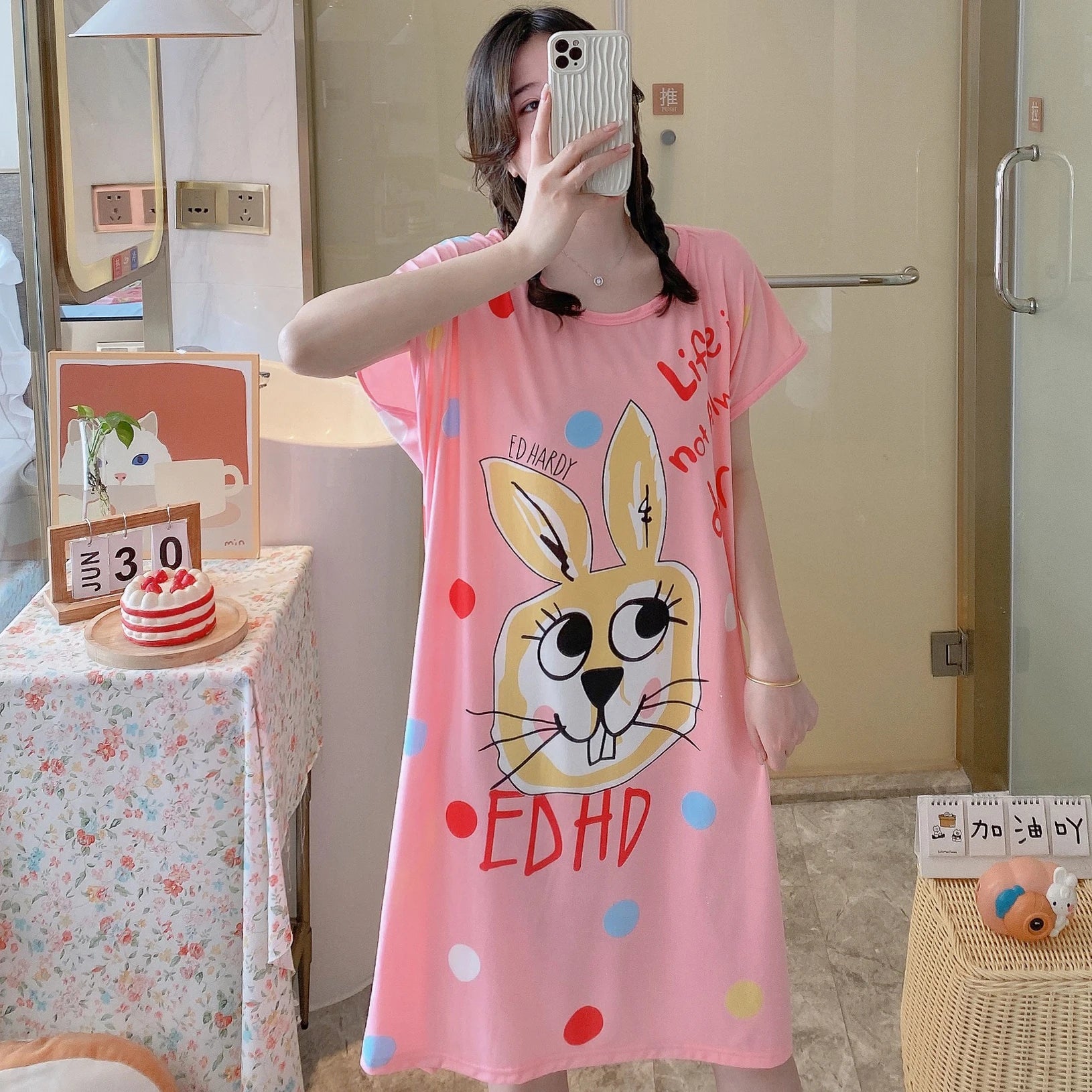 1PC, Summer And Autumn Cool Cute Girls Cartoon Nightdress, Comfortable Short-sleeved Dress, Women's Home Wear, Polyester Pajama