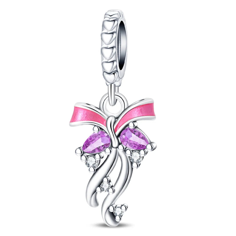 Silver Bow Charms 925 Sterling Silver Pink Heart-shaped Bow Pendants Charms Beads Fit Original S925 Bangle Bracelets DIY Jewelry
