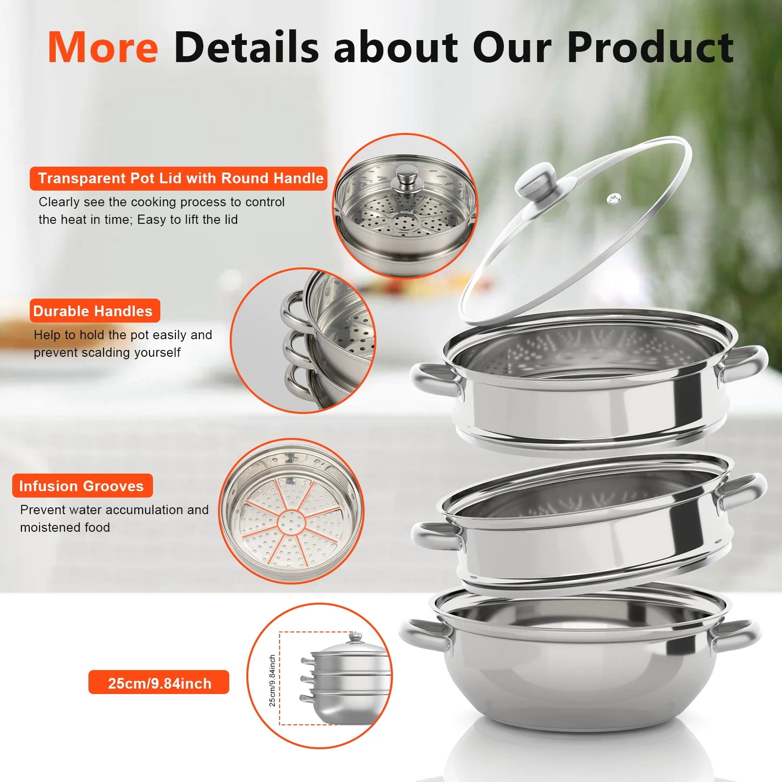 28CM Multi-Function 3 Tier Cook Food Veg Pot Large Stainless Steel Steam Cooker Steamer Kitchen