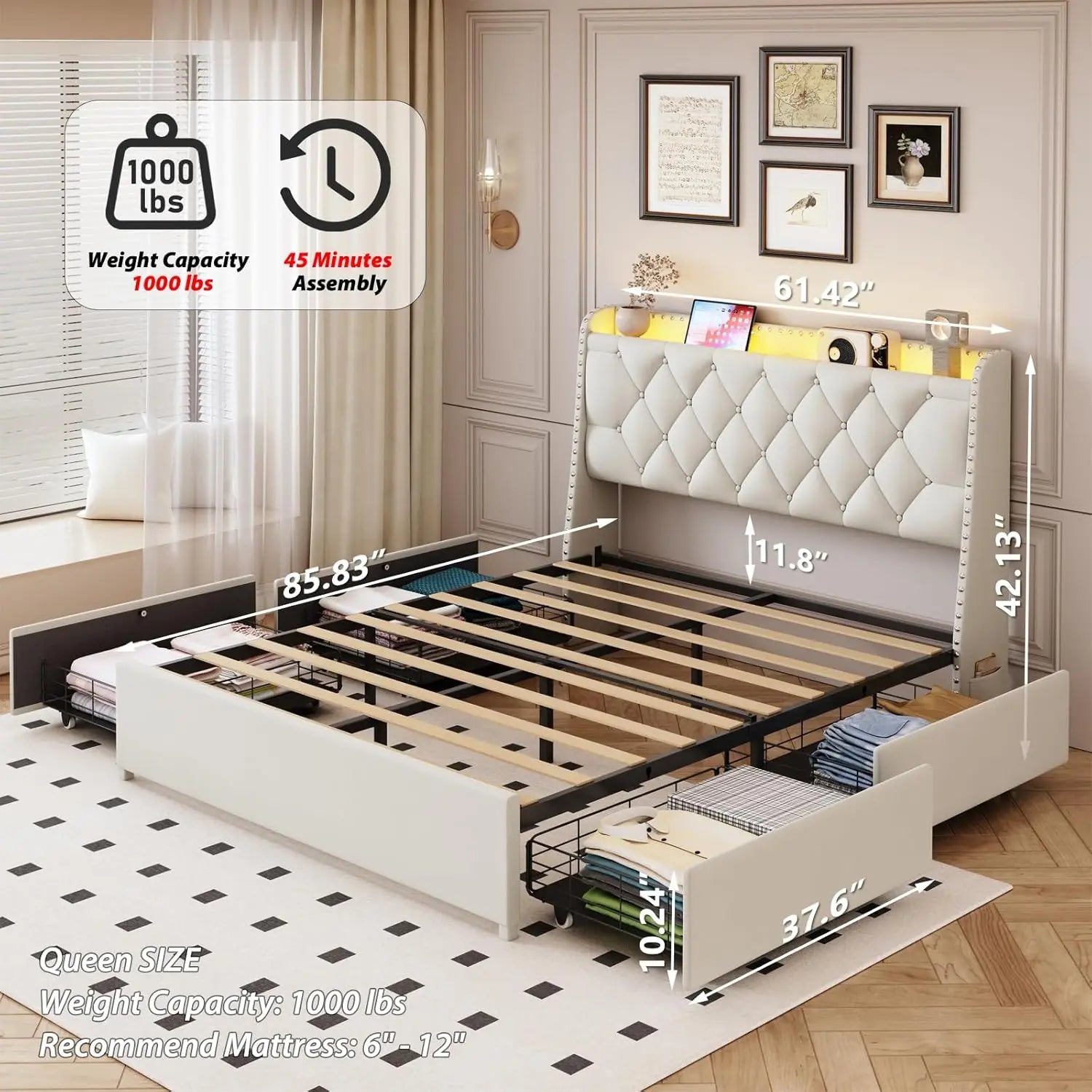 Queen Size Bed Frame with 4 Drawers & Storage Headboard, Upholstered Platform Bed with LED Lights & Charging Station, Beige
