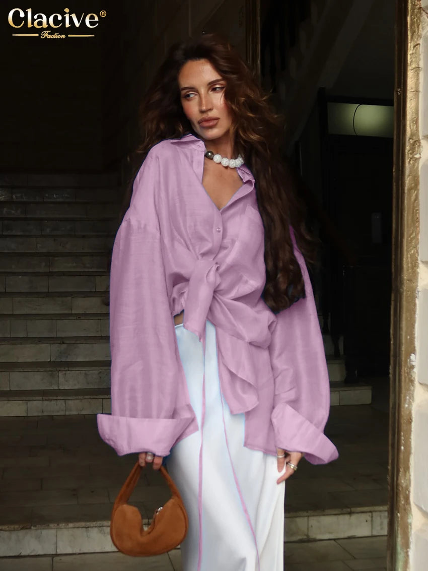 Clacive Fashion Loose Blue Women's Blouse 2025 Sexy Lapel Long Sleeve Shirt Elegant Classic Solid Blusas Tops Female Clothing