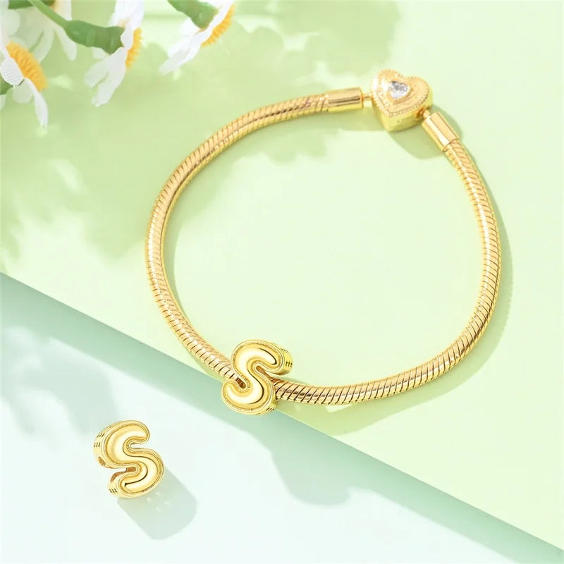 New Hot Sales 925 Sterling Silver 26 Golden Letters Charms Bead Fit Original Bracelet DIY Women Birthday Jewelry Gifts