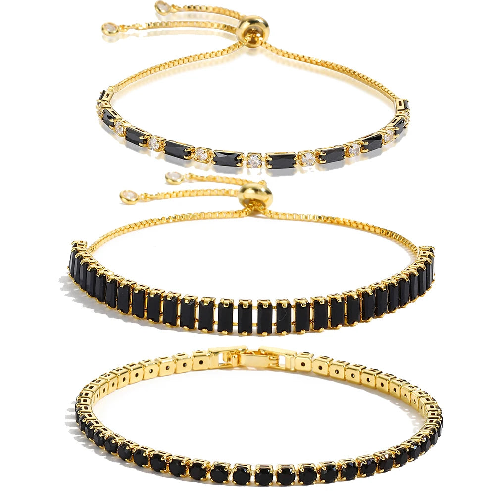 Black Crystal Tennis Bracelets for Women & Men Luxury Iced Out Cubic Zirconia Adjustable Bracelet on Hand Hippie Jewelry