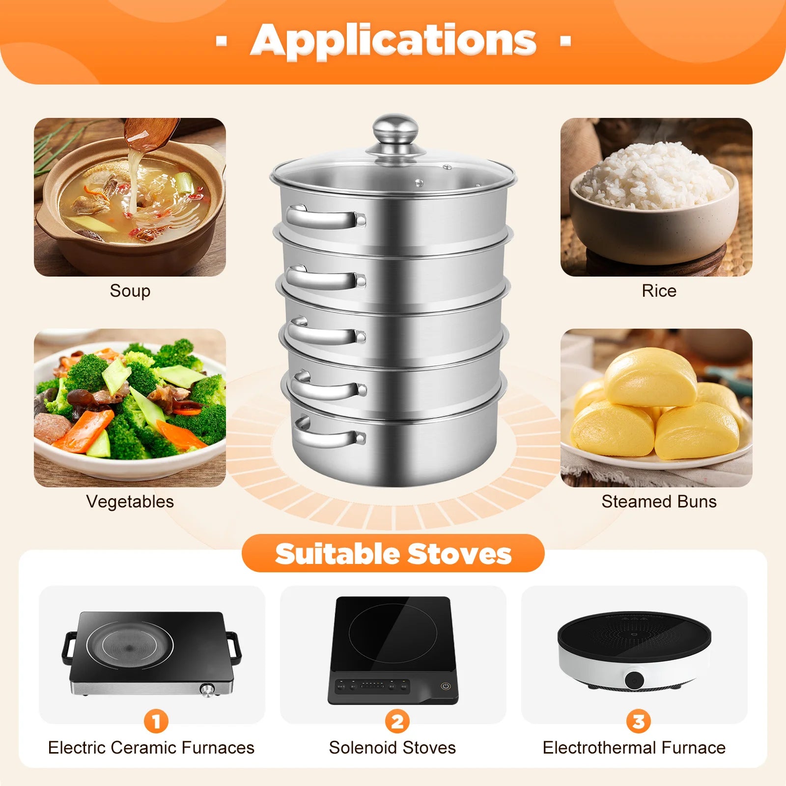 5-Layer Steamer 26cm/28cm/30cm Steam Cooker 304 Food-Grade Stainless Steel 4 Steaming Grids and 1 Cooking Pot W/ Glass Lid