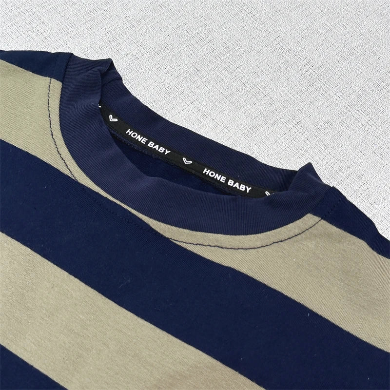 0-5 year old baby boy clothes set summer solid color striped casual children's short sleeves + fashionable handsome shorts two-p
