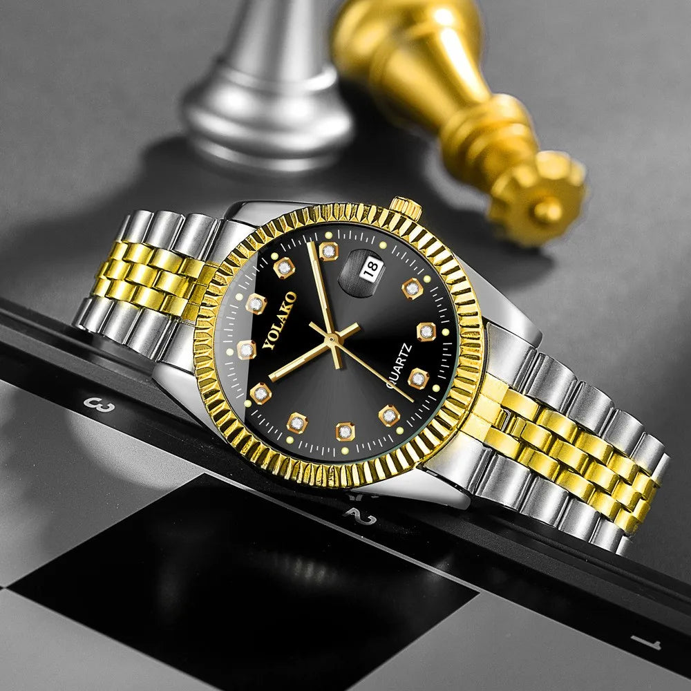 Watches for Women Simple Casual Student Fashion Quartz Diamond-Encrusted Steel Band Calendar Gold Set Men's Watch Couple