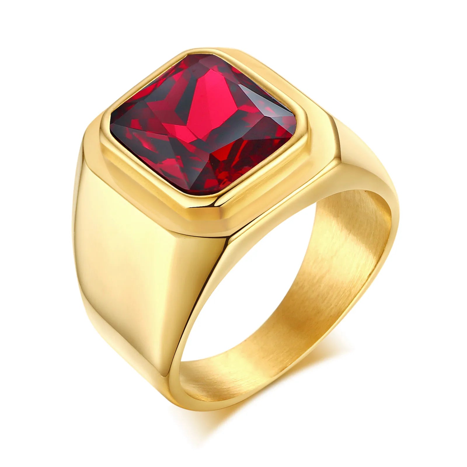 Vintage Punk Natural Red Stone Ring for Men, Gold Plated Stainless Steel Chunky Signet Ring, High Quality Fashion Jewelry Gift