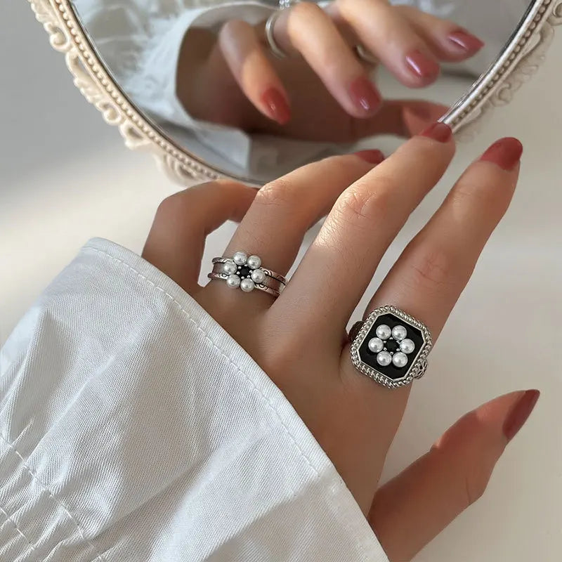 925 Sterling Silver Metal Flower Shell Geometric Rings For Women French Retro Romantic Open Thai