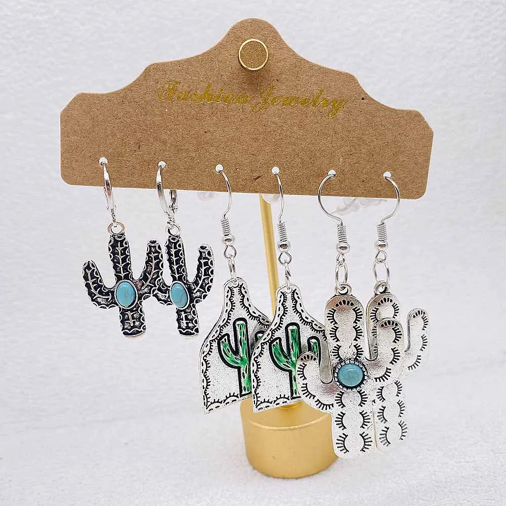 Western Retro  Turquoise Bull Head Earrings Cactus Boots Cowboy Hat Alloy Ethnic Style Earrings Set Jewelry for Women