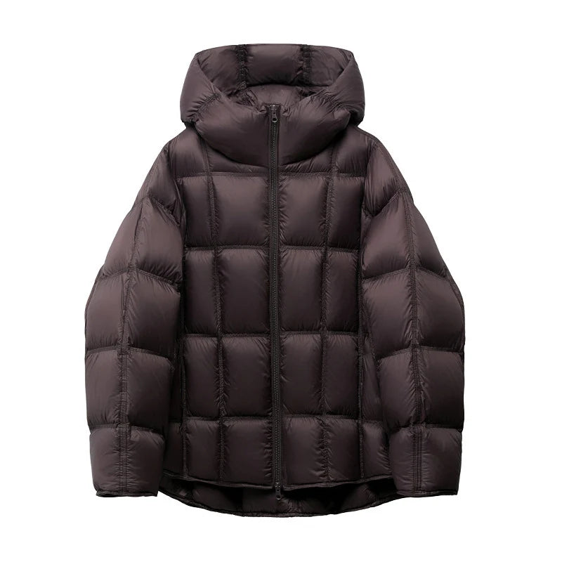 Schinteon Women Light White Down Jacket with Hood Loose Over Size Casual Autumn Winter Outwear Square Warm Short Coat 2026 New