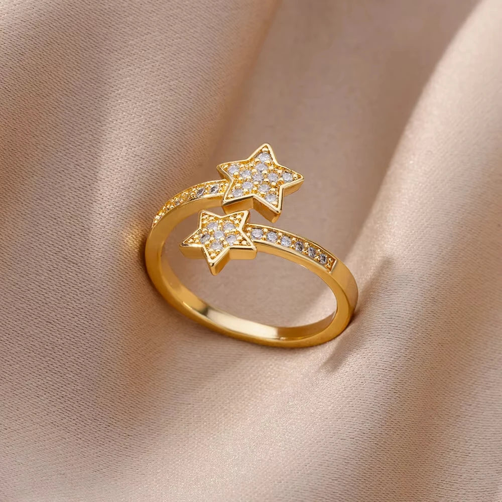 Fashion Chain Hollow Out Rings For Women Gold Color Stainless Steel Zircon Cross Open Ring Trendy Wedding Aesthetic Jewerly Gift