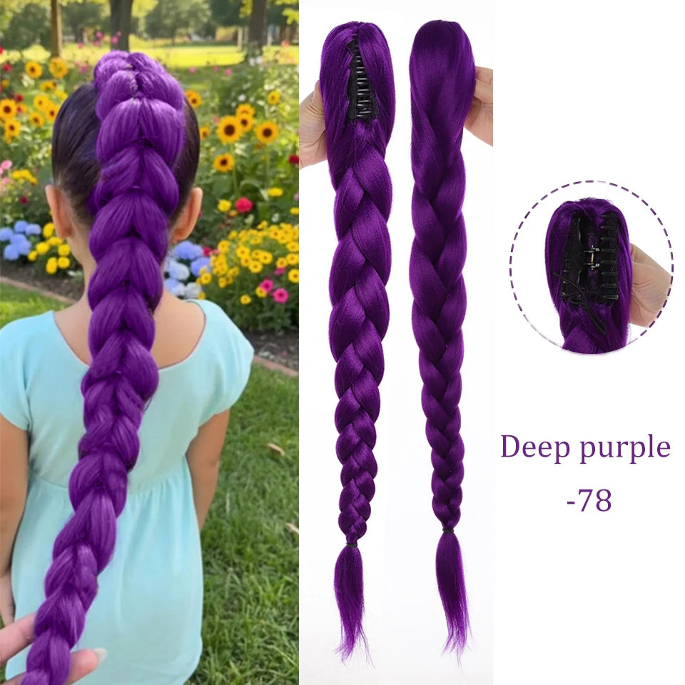 28inch Synthetic Hair Long Braided Purple Hair Ponytail Extensions Rumi Hairstyle Claw Clip Hair Wig for Kids for Chritmas Party
