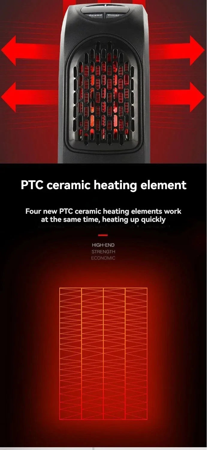 Portable Electric Heater for Rooms, Plug-In Wall Mini Radiator Fan Warmer, Compact Home Heating Appliance