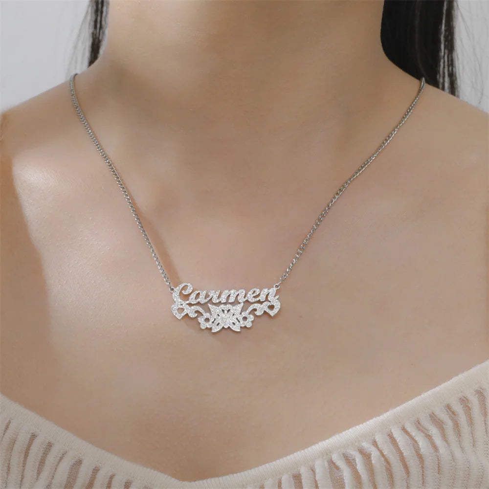 My Shape Custom Name Sparkling Necklaces Stainless Steel Customized Bling Frosted Pendants Personalized Name Chain Jewelry Gifts