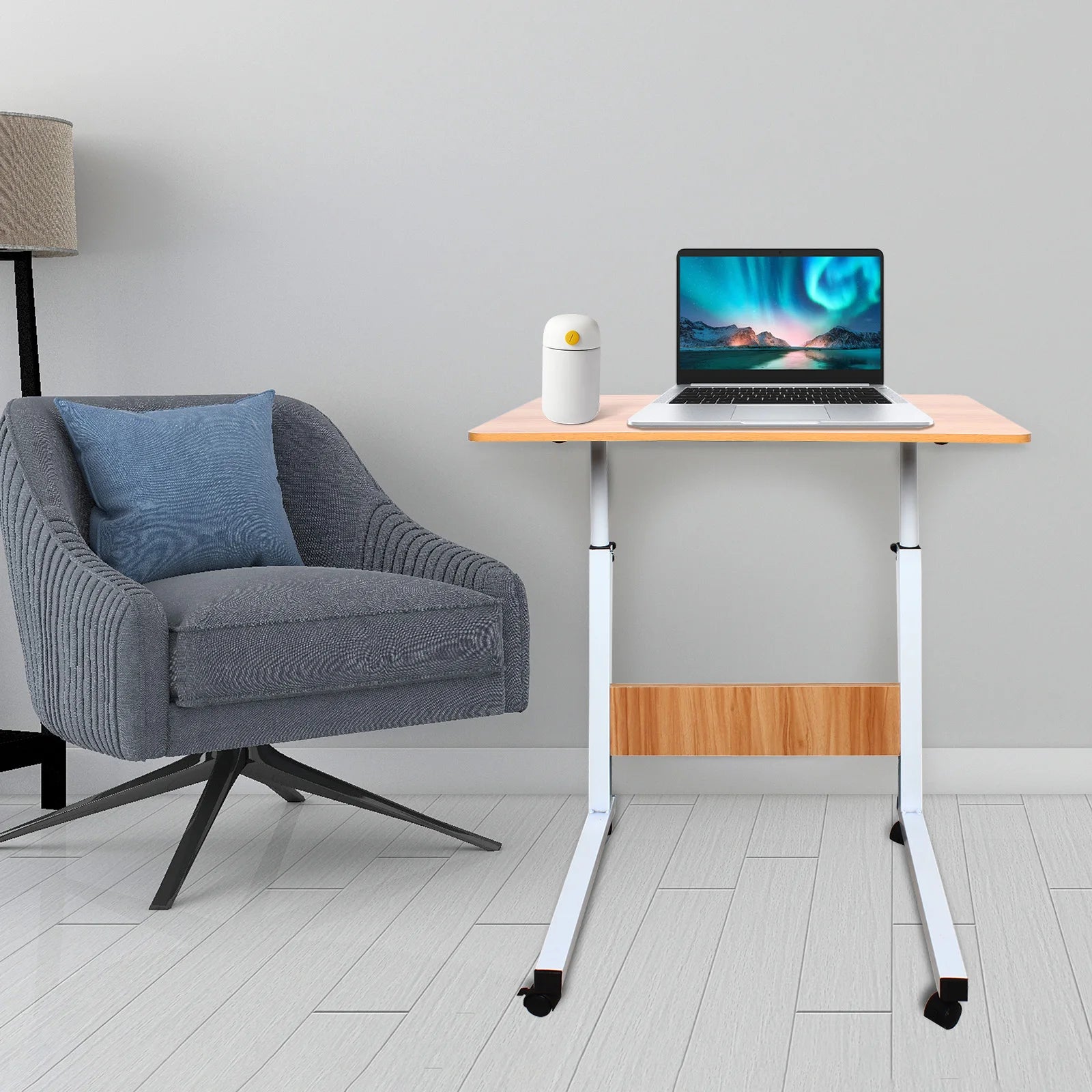 Mobile Laptop Desk 60*40cm Mdf Adjustable Bedside Desk Height Rolling Computer Table with Lockable Wheel for Home Bedroom Dormitory