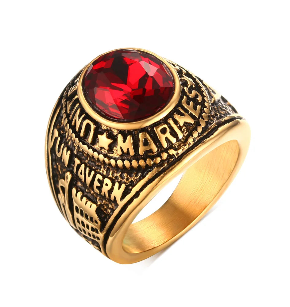 Vintage Punk Natural Red Stone Ring for Men, Gold Plated Stainless Steel Chunky Signet Ring, High Quality Fashion Jewelry Gift
