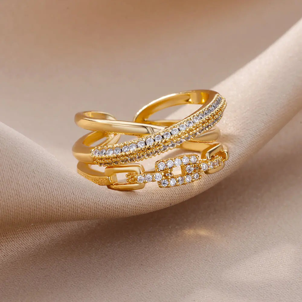Fashion Chain Hollow Out Rings For Women Gold Color Stainless Steel Zircon Cross Open Ring Trendy Wedding Aesthetic Jewerly Gift