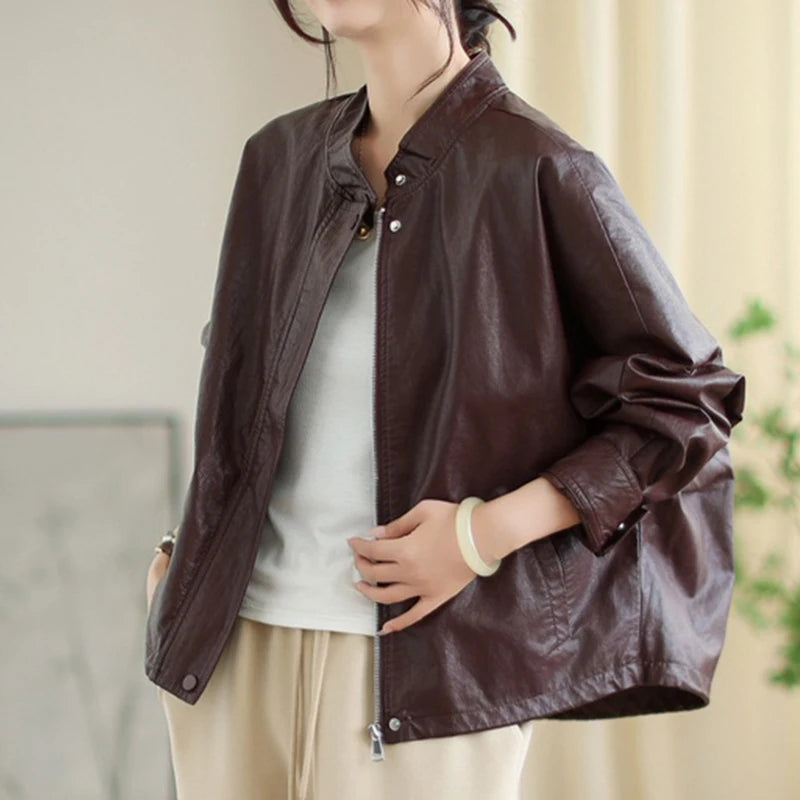 Masss Wasss 2025 Autumn Ladies Classic Fashion Oversized PU Jackets Womems Leisure Faux Leather Coats Loose Vintage Windbreakers