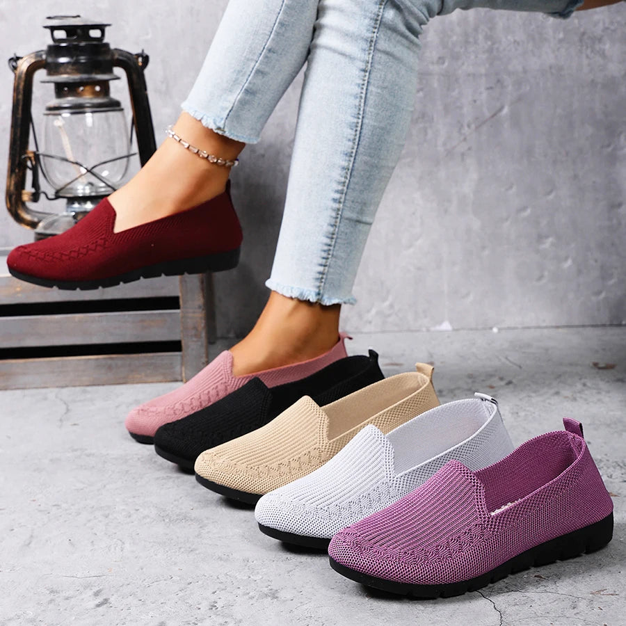 Women's Solid Color Knit Loafers Lightweight Anti Slip Flat Shoes for Casual Wear
