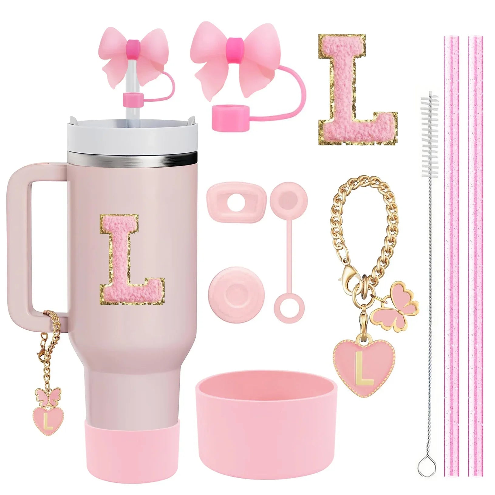 10PCS Accessories Set for Stanley Cup, 2 Straw and Brush and 1 Flower Charm Chain 3 Spill Proof Stopper Flowers Straw Cover Boot